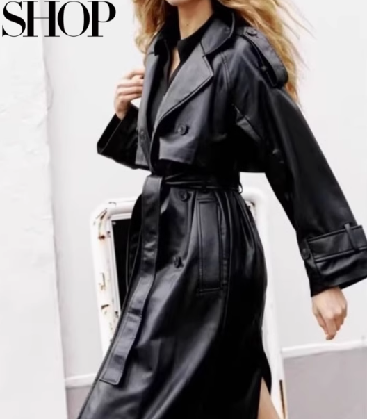 Trendy Long Noir Lederjacke Schwarz