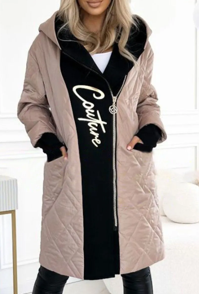 Women's Stylish Hooded Zippered Letter Print Long Coat