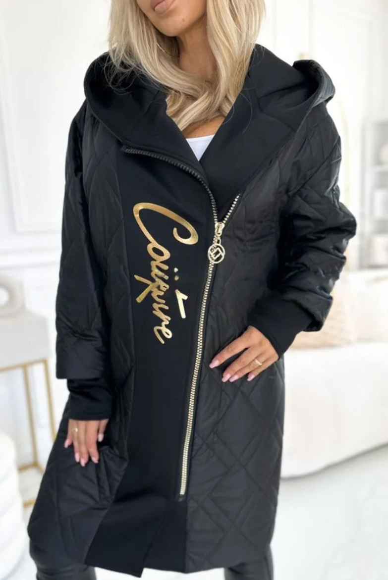 Women's Stylish Hooded Zippered Letter Print Long Coat