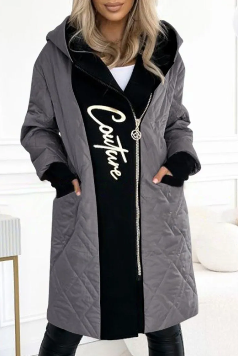 Women's Stylish Hooded Zippered Letter Print Long Coat