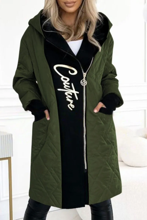 Women's Stylish Hooded Zippered Letter Print Long Coat